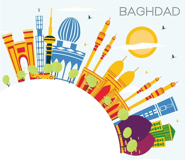 Baghdad Iraq City Skyline with Color Buildings, Blue Sky and Copy Space. Vector Illustration. Business Travel and Tourism Concept with Historic Buildings. Baghdad Cityscape with Landmarks.