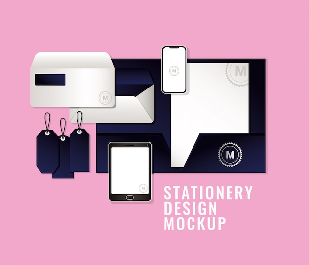 bags and mugs mockup set with dark blue branding of corporate identity and stationery design theme