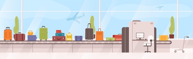 Bags, suitcases on baggage carousel against window with flying aircrafts on background.