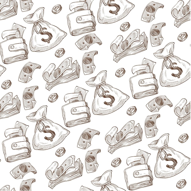 Vector bags and wallets filled with money seamless pattern