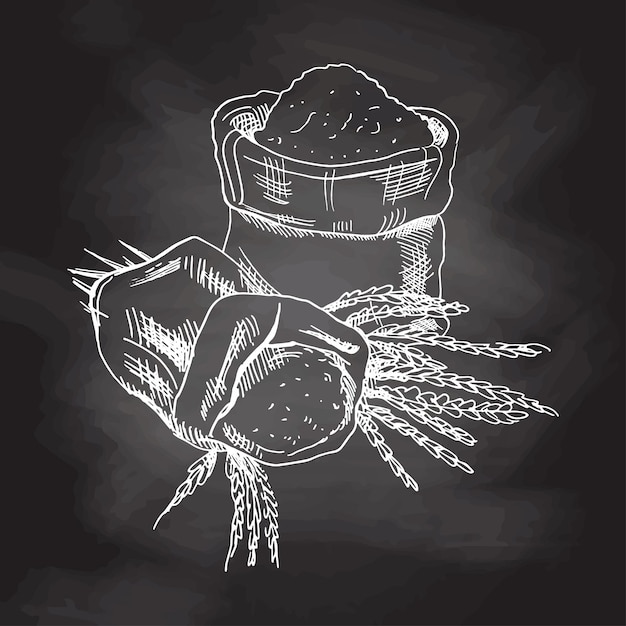 Bags with flour and spikelets of wheat sketch drawing Chalkboard background white drawing Sketch icon and bakery element