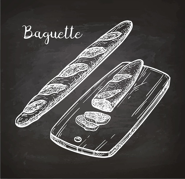 Baguette. pane sul tagliere. schizzo di gesso su sfondo lavagna.