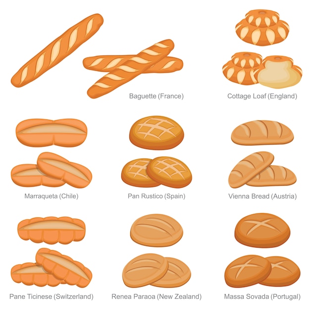 Baguette Cottage Loaf and Famous Unique Bread of Countries Set