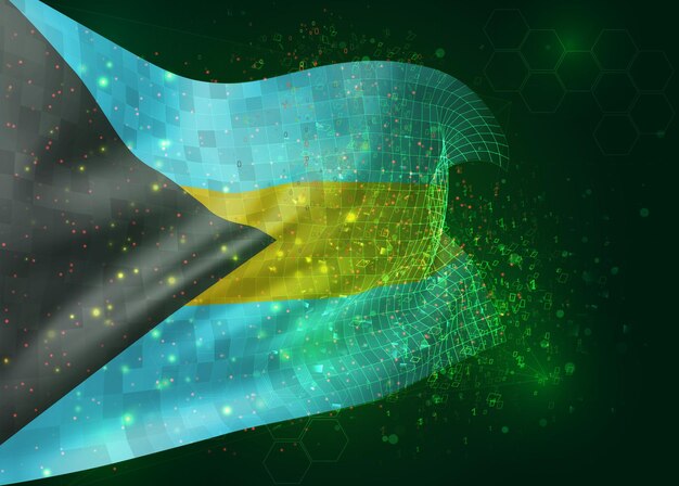 Bahamas, on vector 3d flag on green background with polygons and data numbers