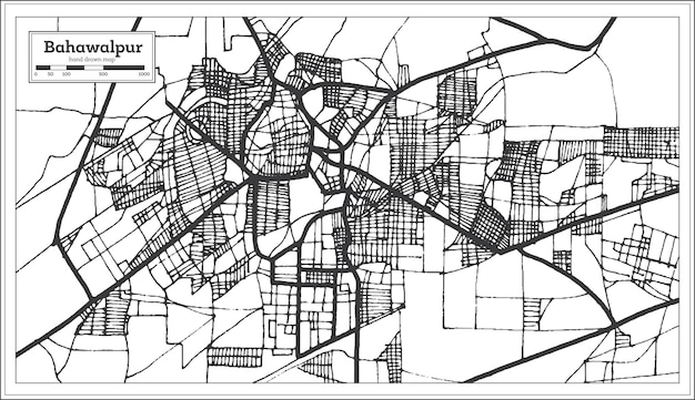 Mappa della città di bahawalpur pakistan in stile retrò in colore bianco e nero. mappa di contorno. illustrazione di vettore.