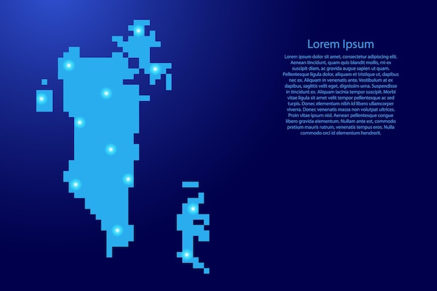 Bahrain map silhouette from blue square pixels and glowing stars. vector illustration.