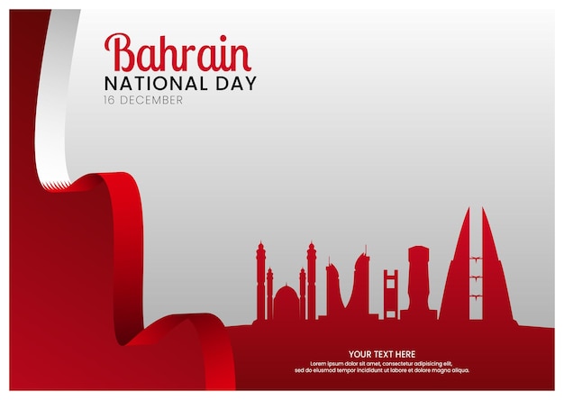 Vettore celebrazione della festa nazionale del bahrain con un bel punto di riferimento e un biglietto di auguri con bandiera