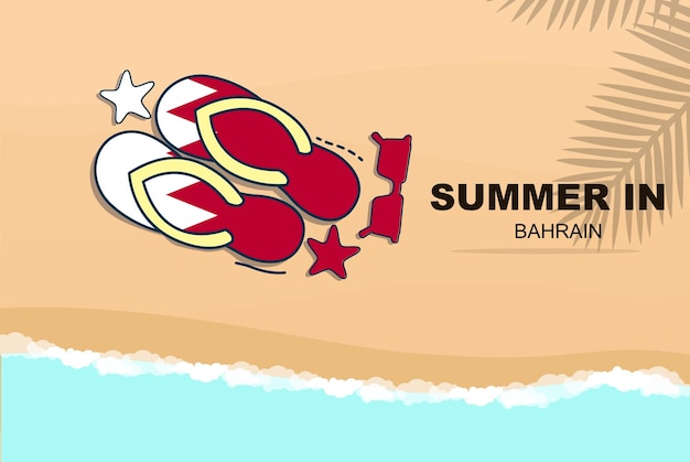 Бахрейн летние каникулы вектор баннер пляжный отдых шлепанцы солнцезащитные очки морская звезда на песке