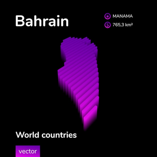Bahrein 3D-kaart Gestileerde gestreepte neon isometrische vector Kaart van Bahrein is in violette en roze kleuren op zwarte achtergrond