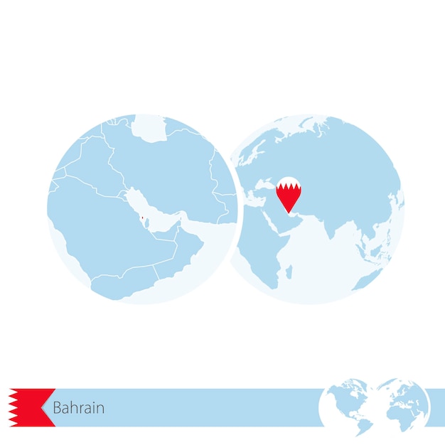 Bahrein op wereldbol met vlag en regionale kaart van Bahrein. Vectorillustratie.