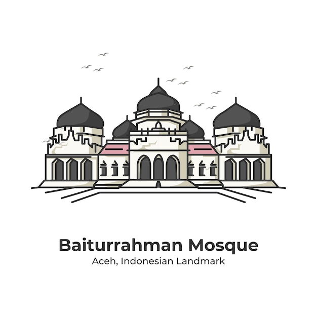 Baiturrahman moskee Indonesische Oriëntatiepunt lijn Cartoon afbeelding