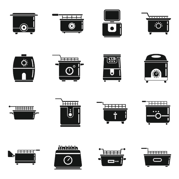 Bake deep fryer icons set simple vector. Electric cook food. Fat chips fryer