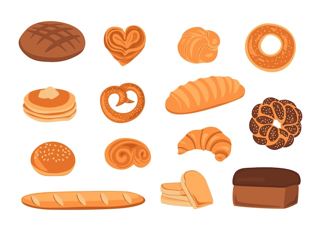 Baked bread Cartoon wheat organic food pretzel loaf croissant pancakes cinnamon roll French baguette poppy seed roll bakery Vector set