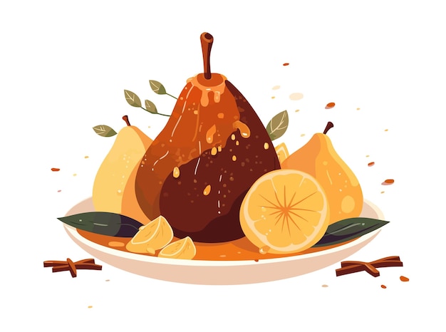 Baked caramelized pear Sweet fruit dessert with caramel honey winter spices Isolated on white background Vector cartoon illustration