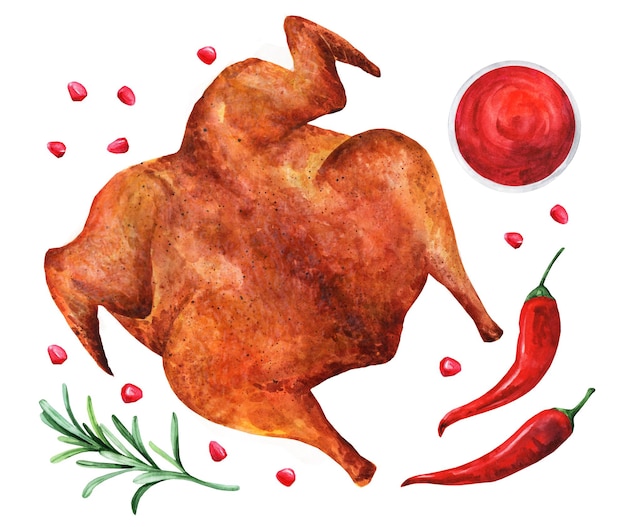 Вектор Запеченный цыпленок на белом изолированном фоне. цыпленок тапака. грузинская кухня. акварель