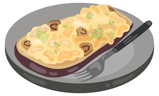 Baked eggplant with mushrooms, cheese and herbs. Hand drawn vector illustration.