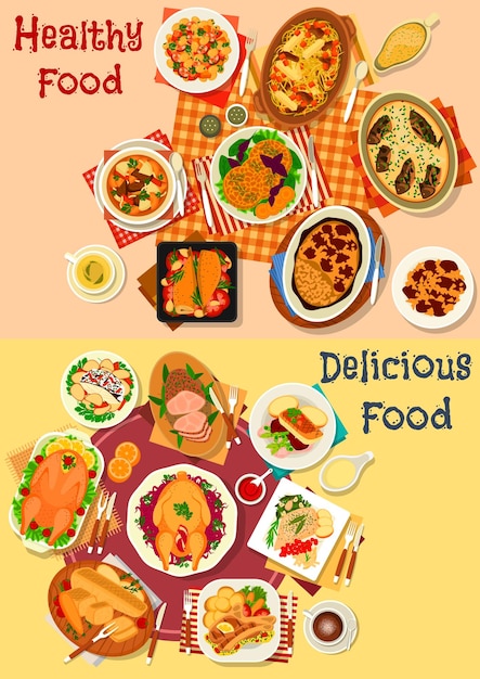 baked fish and meat dishes icon set