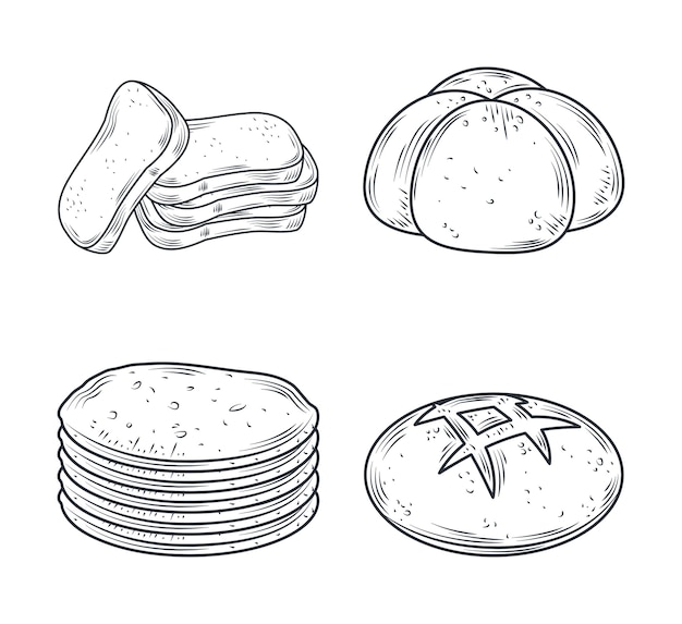 구운 아이콘 세트, 흰색 그림에 고립 된 다른 빵