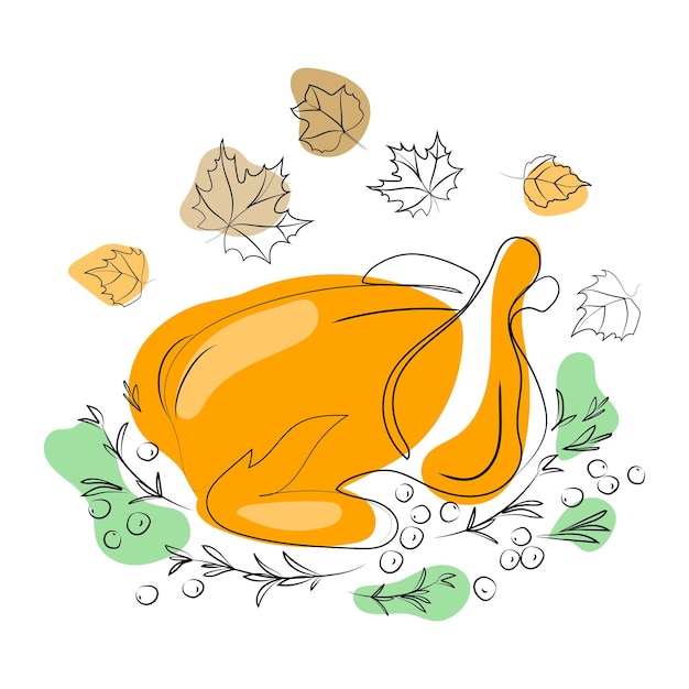 感謝祭の日のライナー描画ベクトルの焼き七面鳥。伝統的な食べ物。感謝祭の七面鳥
