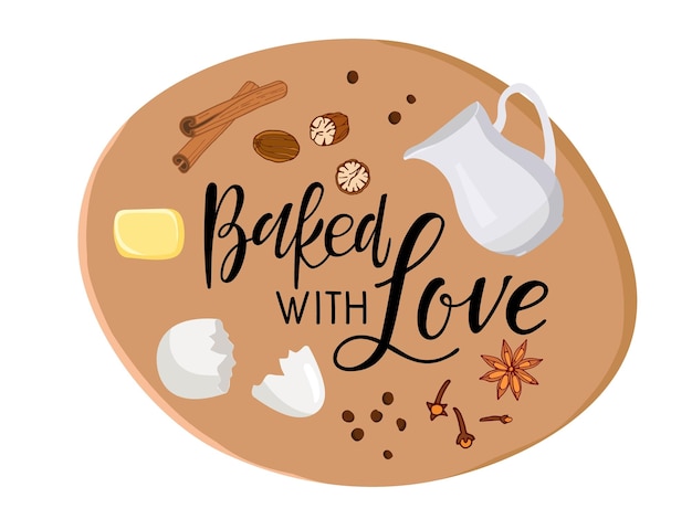 Vector baked with love calligraphy logo handwritten brush lettering and pastries flat for bread house, loaf