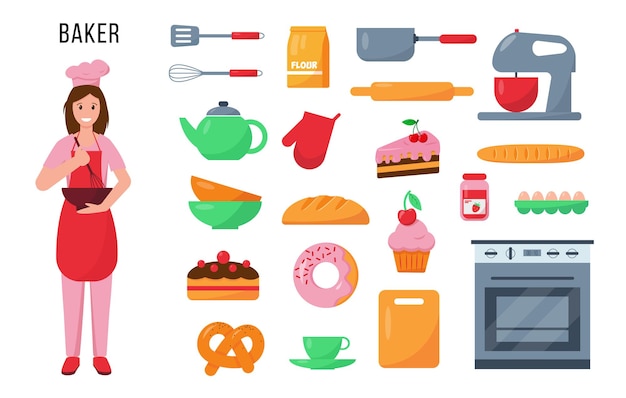 Baker character and set of kitchen tools and products for her work.