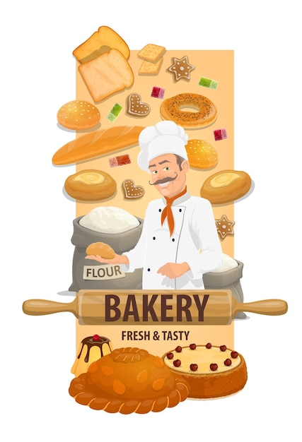 Baker chef with bread and sweet buns. Smiling chef in toque, bagel, sandwich bread, loaf and cake, pudding and korovai, flour in sack and rolling pin, cookie and marmalade vector. Bakery shop dessert