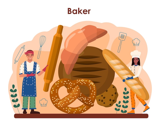 Concetto di panettiere. chef in uniforme che cuoce il pane. processo di cottura al forno. lavoratore di panetteria che vende prodotti di pasticceria in un negozio. illustrazione vettoriale isolato