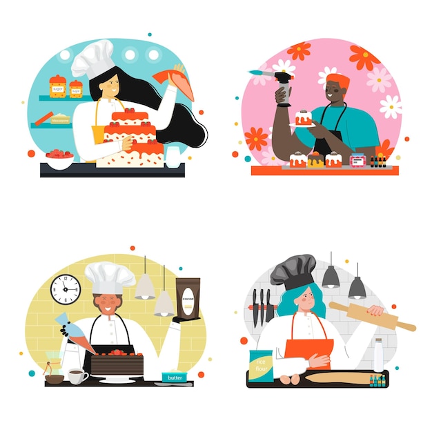 Baker and confectioner pastry chef scene set
