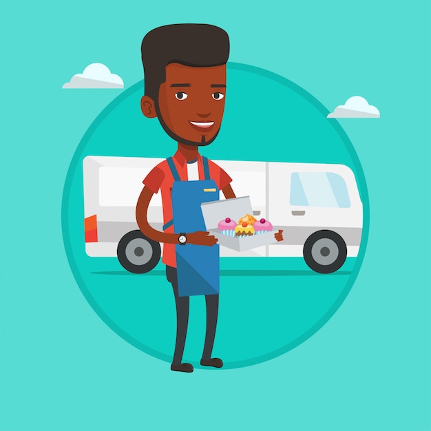 Baker delivering cakes vector illustration.