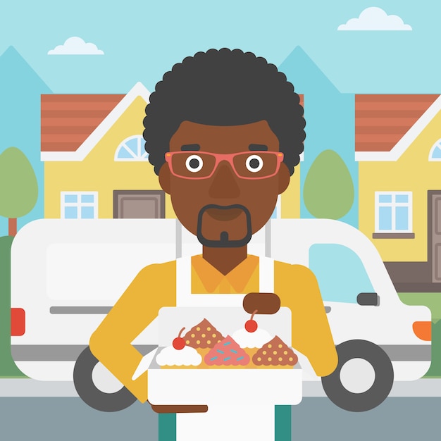 Baker delivering cakes vector illustration.