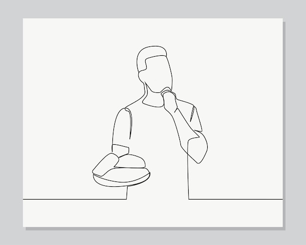 Человек-пекарь с сомнительным и скептическим выражением лица, непрерывная иллюстрация одной линии