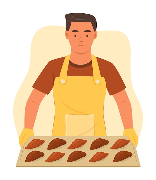 Vector baker man holding tray of croissants