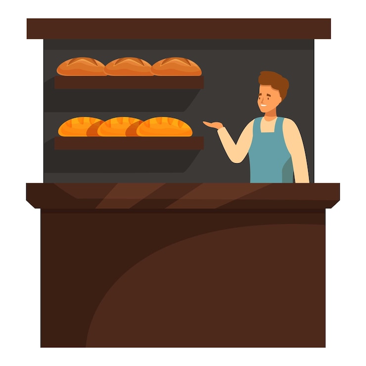 Vector baker showing fresh bread in bakery shop counter