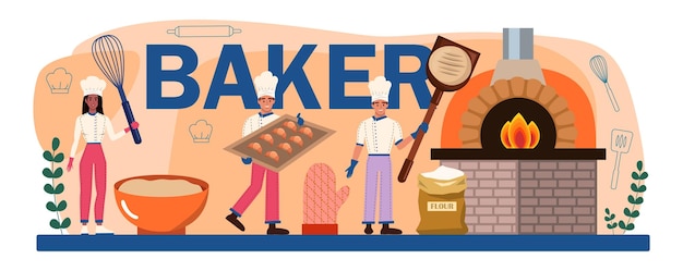 Vector baker typographic header. chef in the uniform baking bread. baking