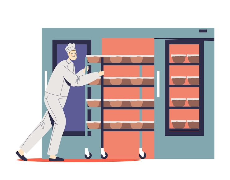 Vector baker in uniform taking fresh baked bread on rack from oven. man baking pastry. bakery production industry concept. cartoon flat vector illustration