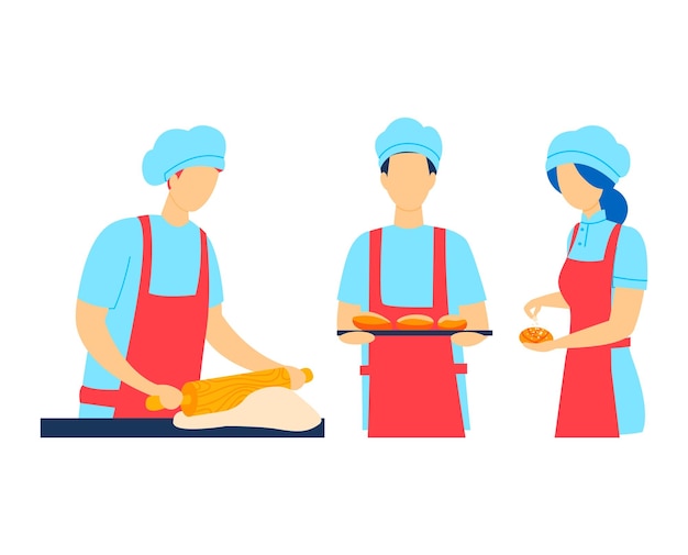 Baker werk professionele voedselbereiding bakken gebak bakkerij winkel ontwerp cartoon stijl vectorillustratie geïsoleerd op wit