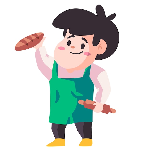 Baker with green apron is holding rolling pin and dough modern cartoon color isolated background vector illustration