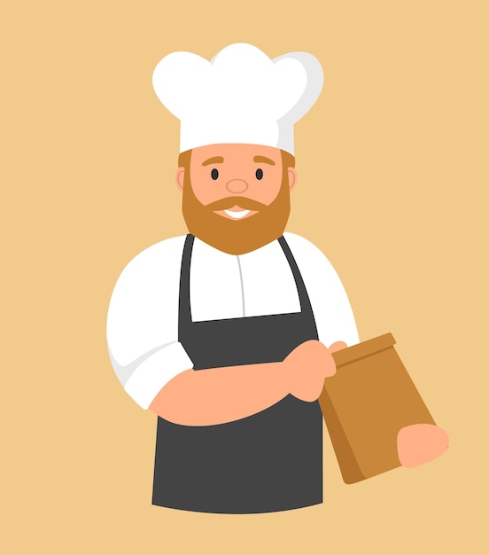 Baker with the paper bag in his hands. Bearded man in white chef's hat. Cartoon style.