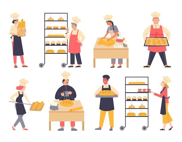 Bakers characters making cakes and bread flat vector illustration isolated
