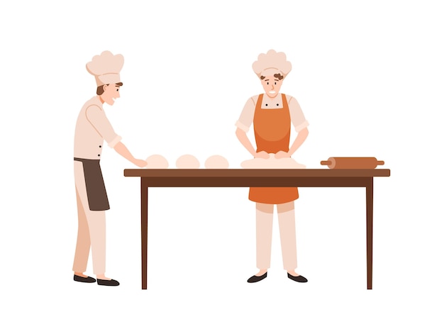 Bakers at work flat vector illustration. bakery workers kneading dough cartoon characters. kitchen staff working together. cooks team in chefs hats and aprons preparing homemade pastry.