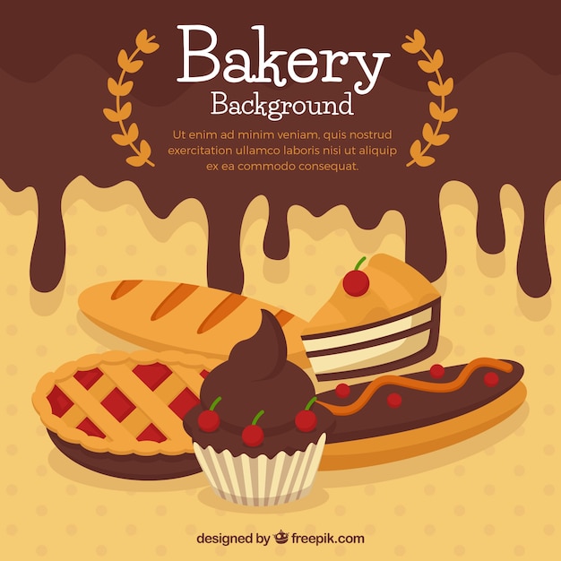 Vector bakery background with sweets in flat style