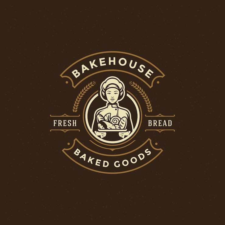 Vector bakery badge or label retro  illustration baker women holding basket with bread silhouette for bakehouse.