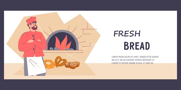 Bakery or bakehouse template banner with breaded baker and his products flat cartoon vector bread and pastry store poster or flyer design