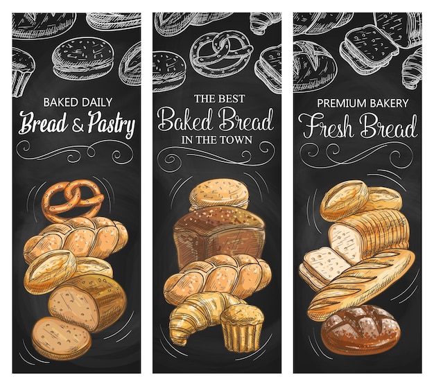 Vector bakery bread and pastry food blackboard banners