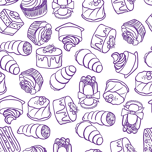 Bakery, Cakes, dessert, pastries linear pattern. Doodle vector.