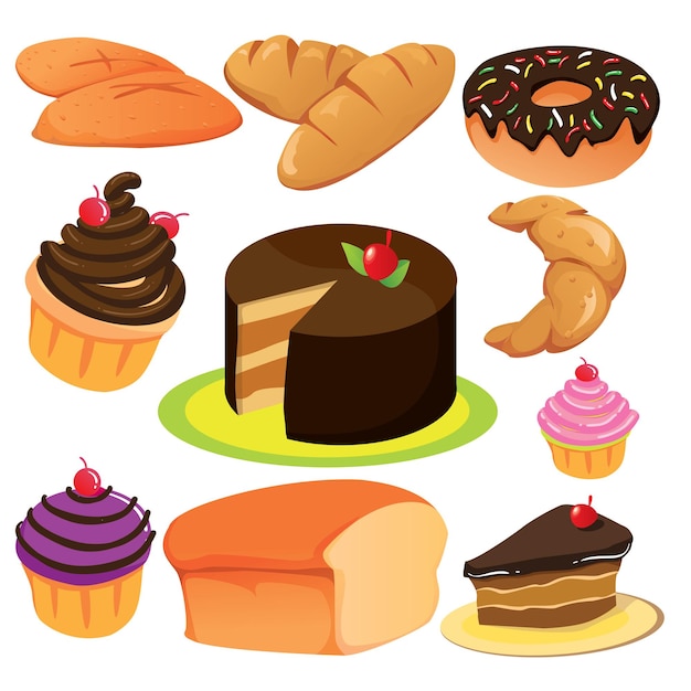 Vector bakery cakes sweet bread and candies vector illustration