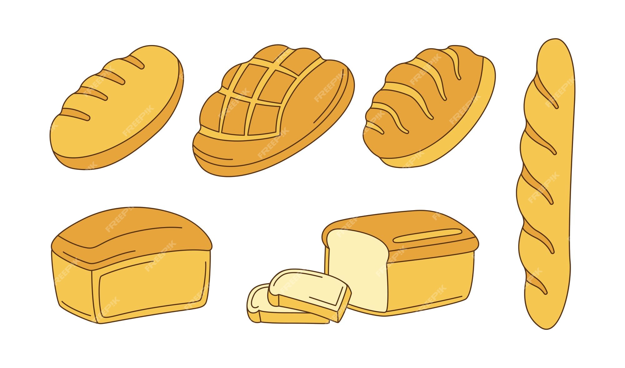 Premium Vector | Bakery cartoon clipart set. bread rye, whole grain and wheat loaf bread and french baguette, sketch ciabatta Premium Vector | Bakery cartoon clipart set. bread rye, whole grain and wheat loaf bread and french baguette, sketch ciabatta