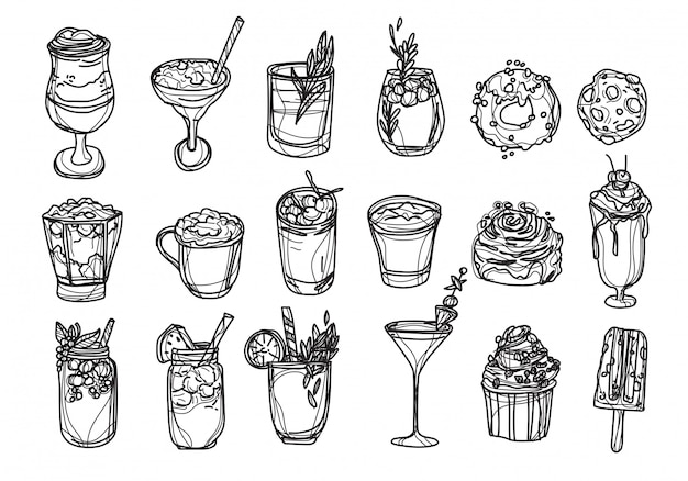 Bakery coffee and juice set hand drawing and sketch black and white