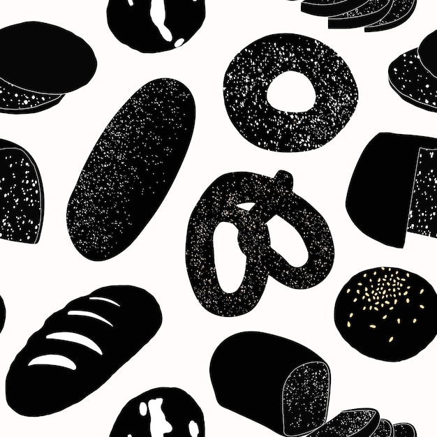 Vector bakery concept seamless pattern with various kinds of bread stuffed bread rolls bagel bread and pretzel top view isolated on white background vector illustration