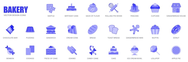 シンプルなフラット デザインで設定された web アイコンのベーカリー コンセプト ワッフル バースデー ケーキ麺棒泡立て器パンケーキ カップケーキ ジンジャーブレッド チョコレートとモバイル アプリの他のベクトル青ピクトグラムのパック